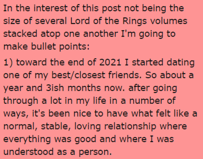 OP is in a relationship with one of their closest friends and so far, everything has been amazing for them