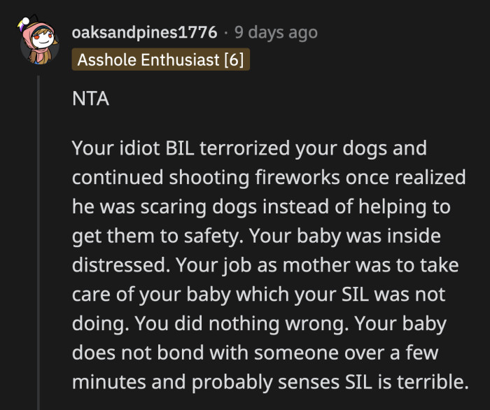 OP did what any mother would do and put her baby first over the petty feelings of an adult.