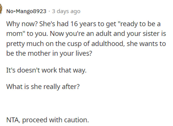 This is probably exactly why she came back now and not at the time she did, which is not okay at all.