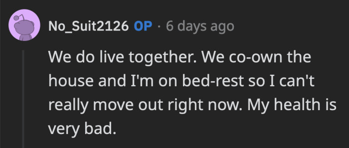 OP said moving right now is not an option because of her precarious situation