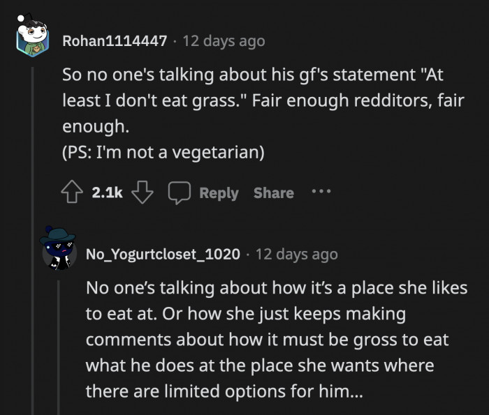 Someone pointed out that the verdict proved the subreddit is biased against vegetarians and vegans.