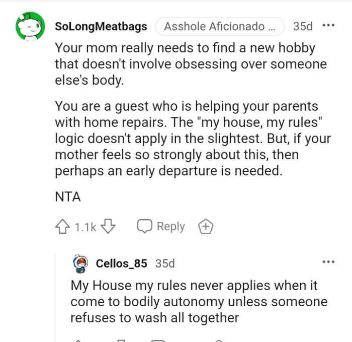 The OP is a guest who is helping her parents with home repairs