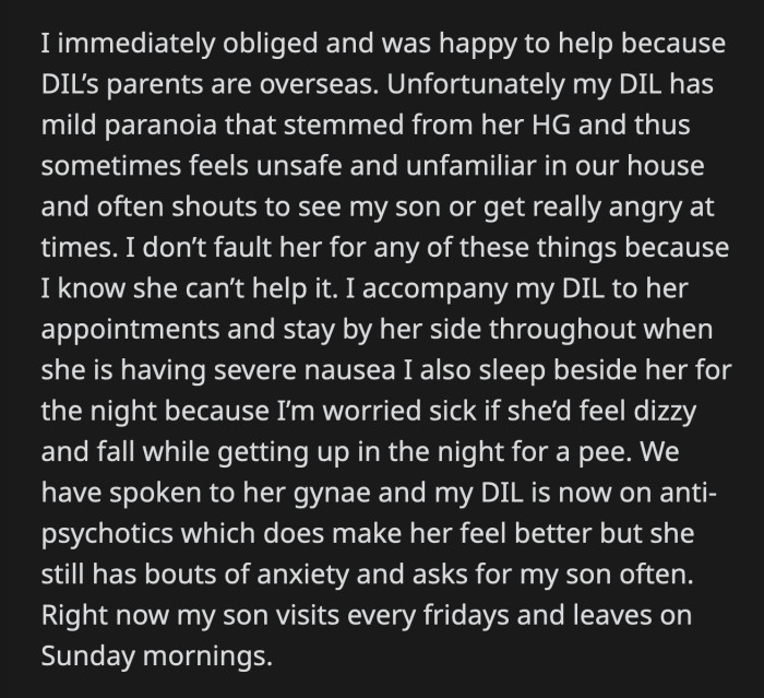 OP asked her son if they could ask her DIL's parents to move in for a while to make her DIL more comfortable, but he said it would be too expensive.