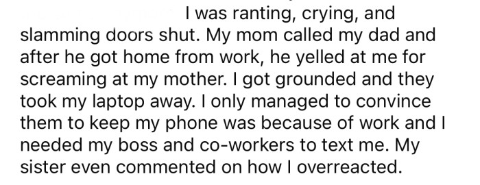 Understandably, the OP was devastated. But later, she was grounded for throwing a tantrum.