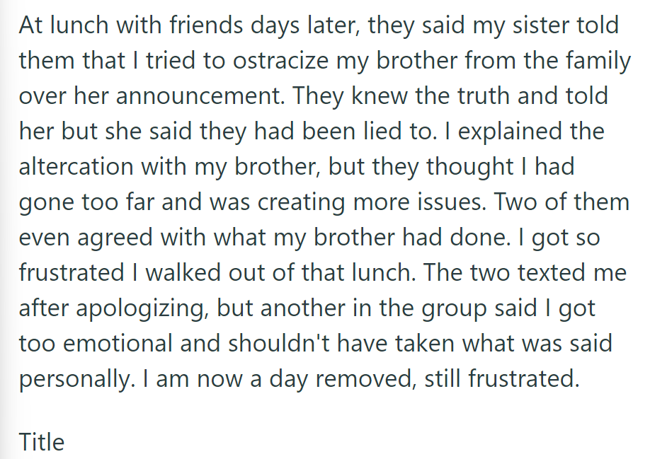 At lunch, the sister accuses OP of ostracizing their brother. Friends side with the brother, causing OP to leave.