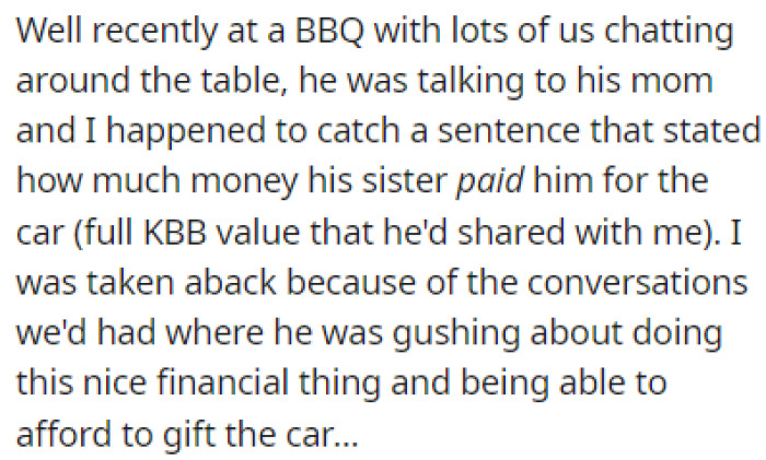 OP recently found out that her boyfriend's sister paid him for the car