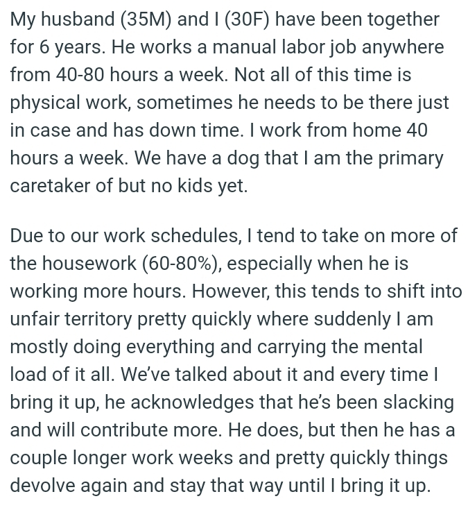 The OP and her husband have a dog that she is the primary caretaker of but no kids yet