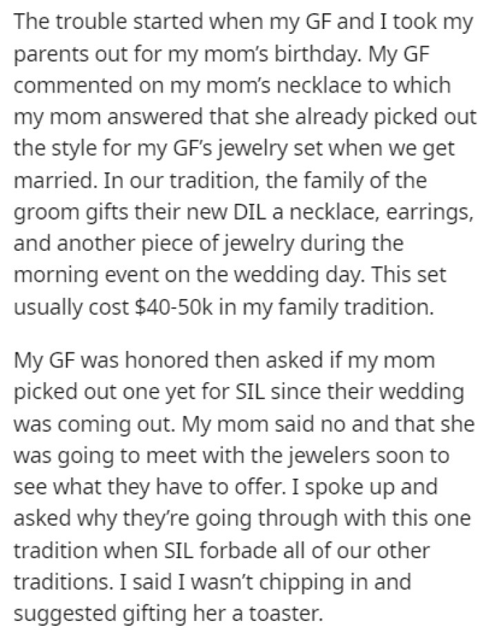 Since the SIL Said No to All Asian Traditions for Their Wedding, OP Told His Parents That They Shouldn't Buy Her a Jewelry Set