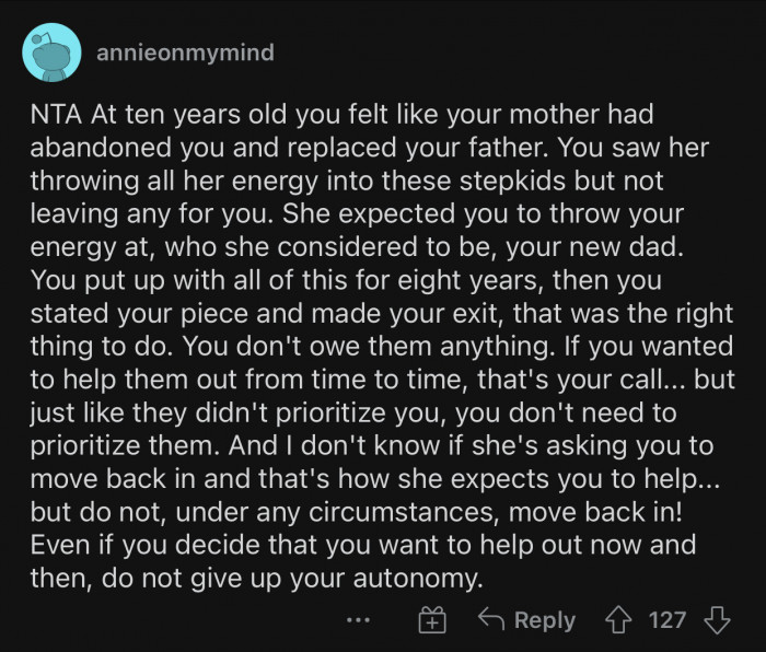 Moving back in would only bring back bad memories for OP.