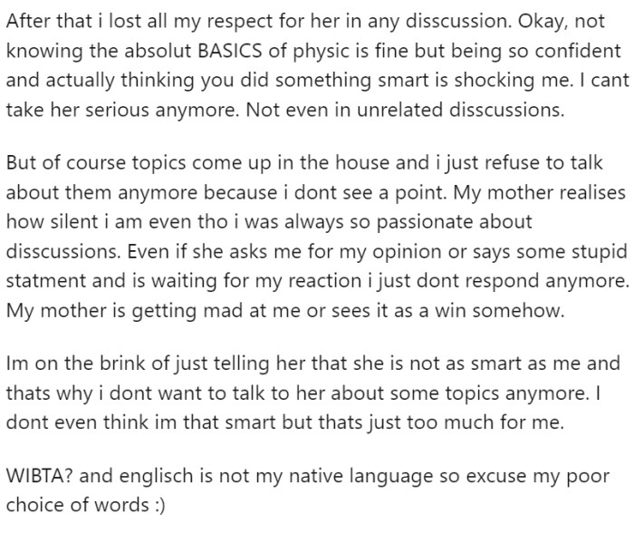However, similar dialogues at home do not proceed as smoothly, often leading to accusations of arrogance and claims that they can't engage in civil discussions.