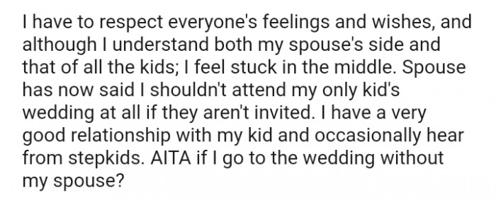 Spouse has now said I shouldn't attend my only child's wedding at all
