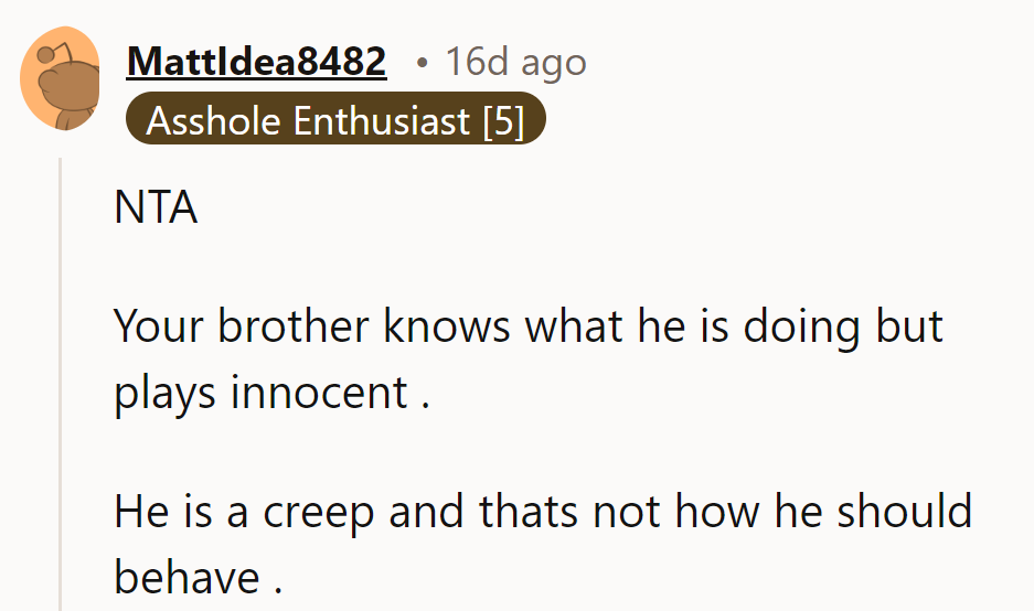 NTA. The brother’s playing innocent but he’s a creep. His behavior is both inappropriate and predictable.