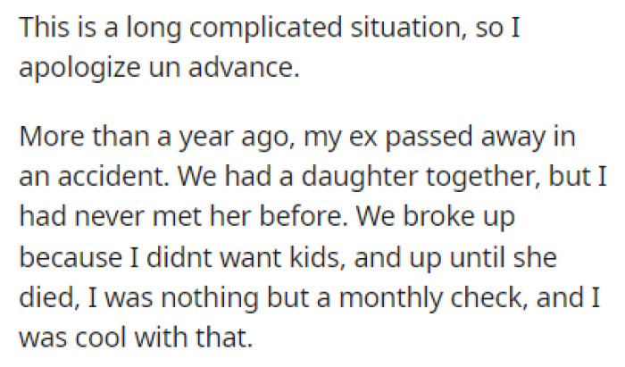 OP's ex passed away more than a year ago, and they had a daughter together