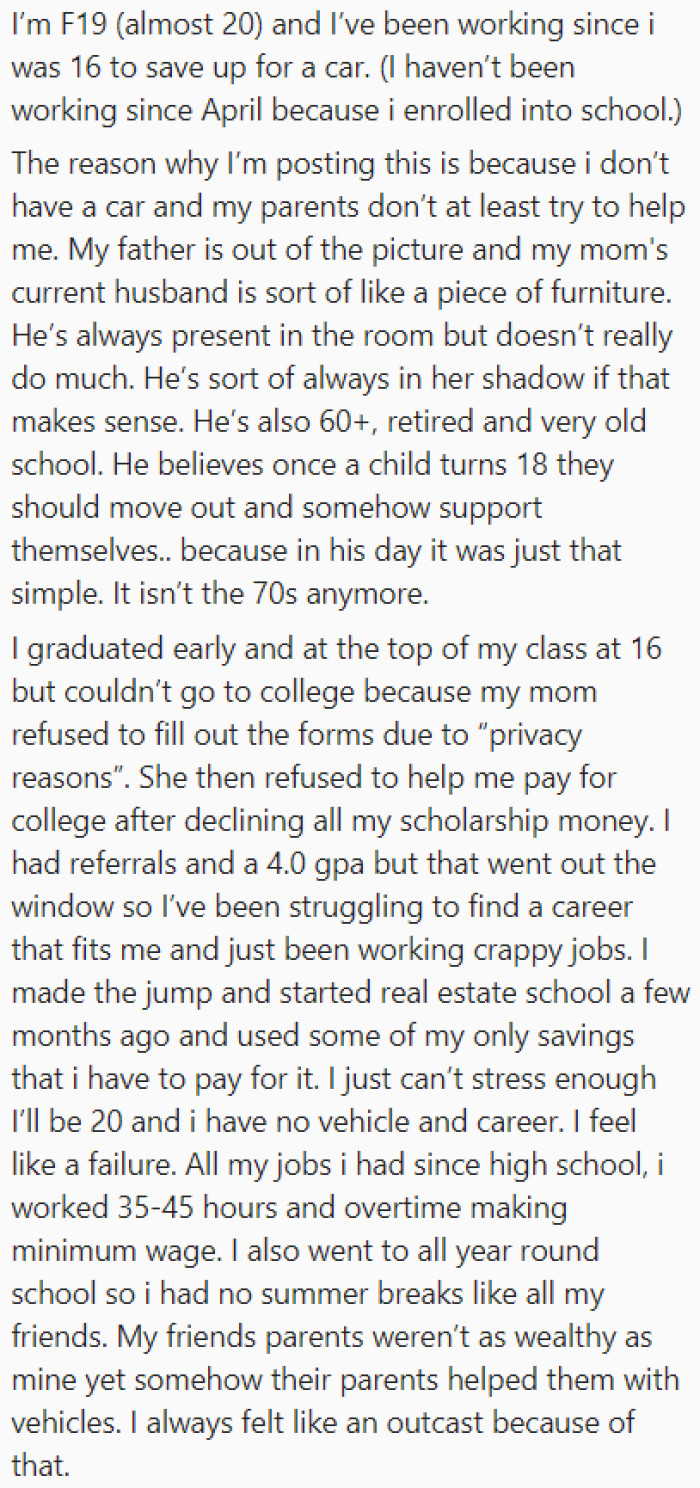 She just wants a car for getting around, but her high-earning mom won't buy it for her.