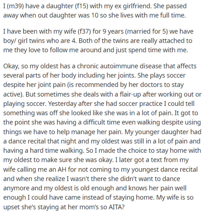 OP's post is short and to the point. He explains the situation with his daughters and also how his wife reacted to this situation.
