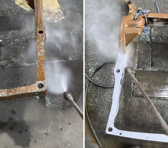 "Pressure Washing The Rust Off This Buick GS Frame After A Chemical Rust Removal Dip"