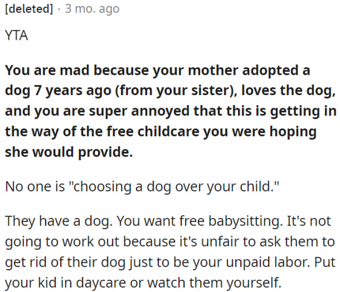 It's not fair to ask them to get rid of the dog for OP's childcare needs.