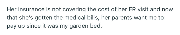 Unfortunately, Jane’s insurance does not cover the cost of her ER visit. Now, her parents want OP to foot the medical bill