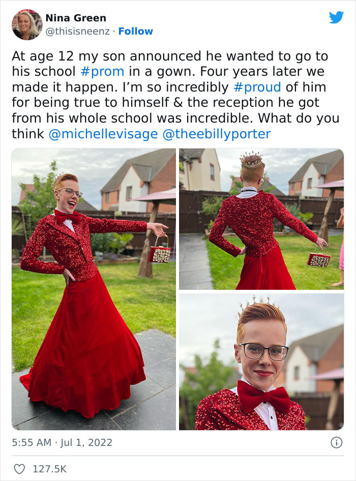 He Wore an Outfit Inspired by Billy Porter, Featuring a Red Sequined Jacket Top, a Matching Full Skirt, Red Lipstick, and a Sparkling Crown