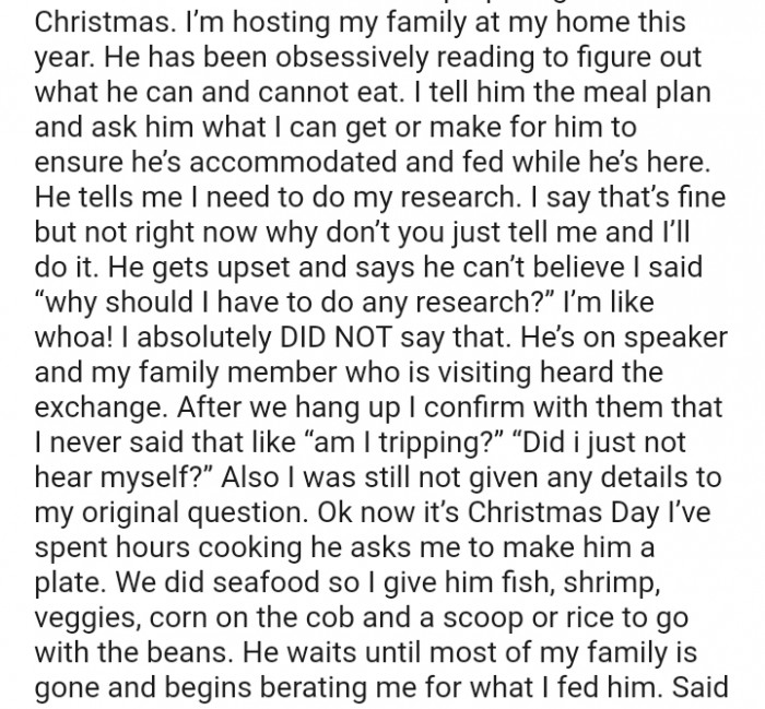 He tells the OP to go do her research on his meal plan