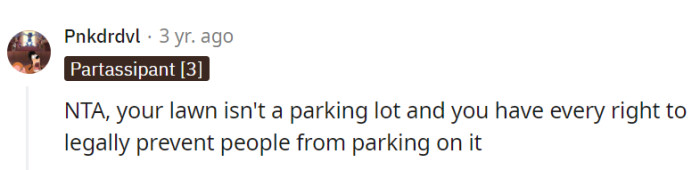 OP's lawn is not intended for parking, and they have every right to legally prevent people from doing so by placing boulders as a clear deterrent.