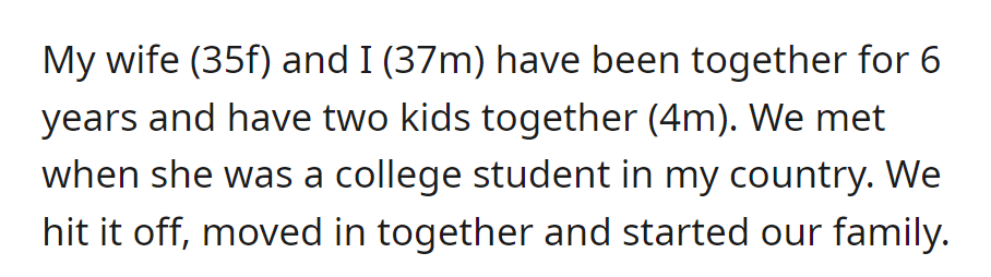 A couple met during college, moved in together, and have now been married for 6 years with two kids.