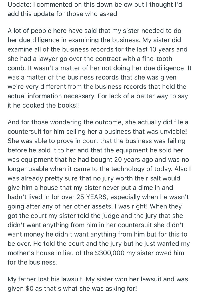 Update: OP’s sister filed a countersuit, which she won. And apparently, he lost his own case