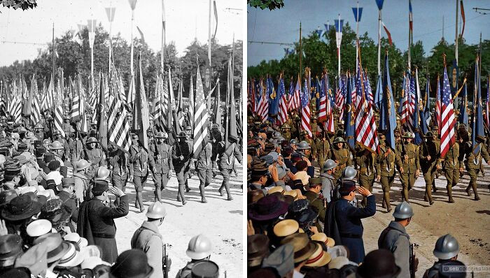 American troops participating in the Victory parade on the Champs Elysées in Paris for Bastille day 14th July 1919.