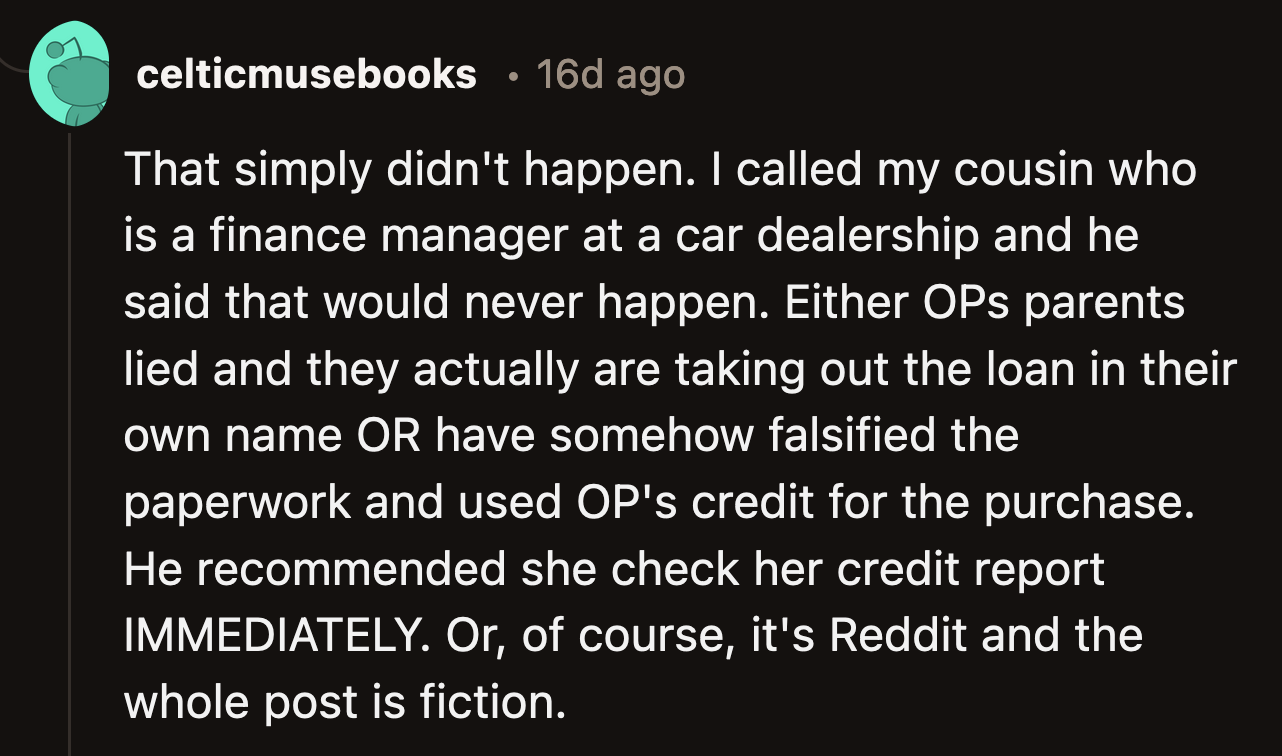 On top of agreeing to a predatory loan, would his parents be brazen enough to pull this trick?
