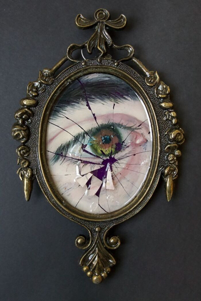 "Oil on glass with resin sculpture in vintage frame."