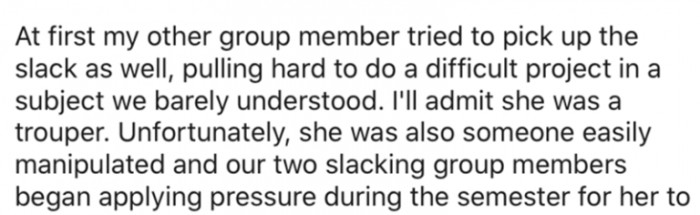 The OP added that the other group members did try to pick up their slack