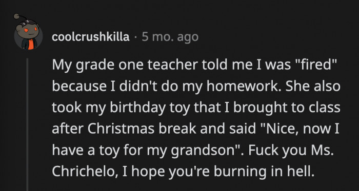 22. She can't take that toy she stole to where she now 