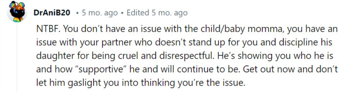 The issue is her partner's lack of support and discipline, not her.