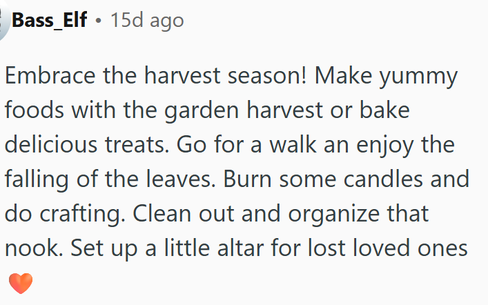 Autumn vibes with food, walks, candles, crafts, and honoring loved ones.