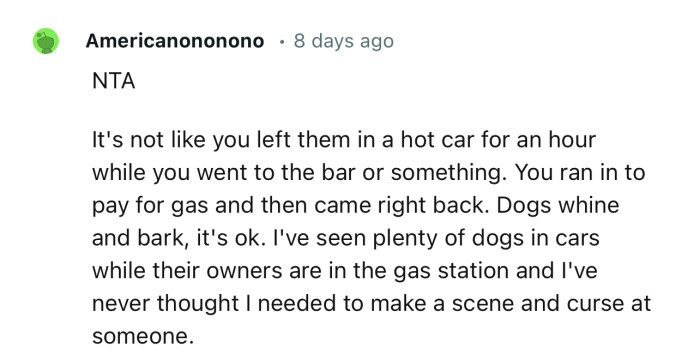 “NTA…It's not like you left them in a hot car for an hour while you went to the bar or something.”