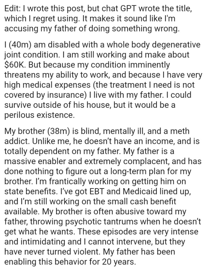 OP's condition imminently threatens his ability to work, and he has very high medical expenses