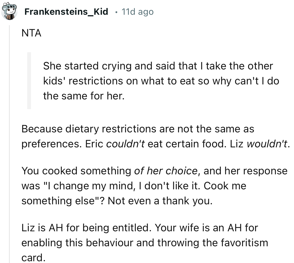 “Liz is AH for being entitled. Your wife is an AH for enabling this behavior and throwing the favoritism card.”