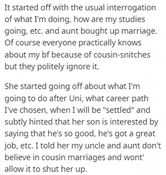 It was a standard family interrogation until her aunt joined the conversation