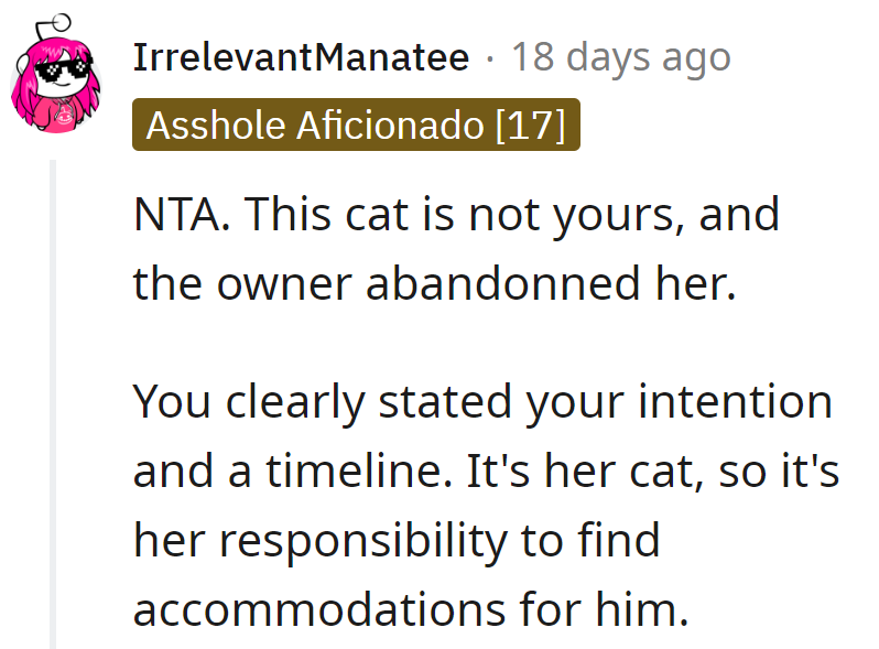 Not the cat's keeper, just the message deliverer. Clearly set a timeline—her cat, her responsibility to find accommodations.