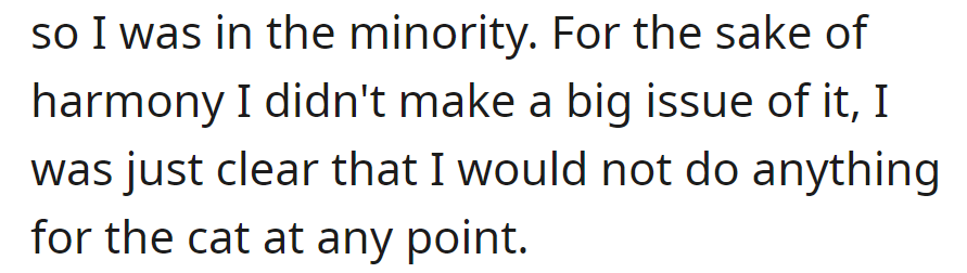 Amy likes cats, but OP, in the minority, didn't make a fuss for harmony but clarified that there is no responsibility for the cat.