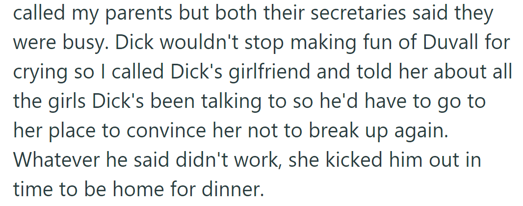 Unable to reach their parents, OP informed Dick's girlfriend of his flirtations, resulting in his expulsion and return for dinner.