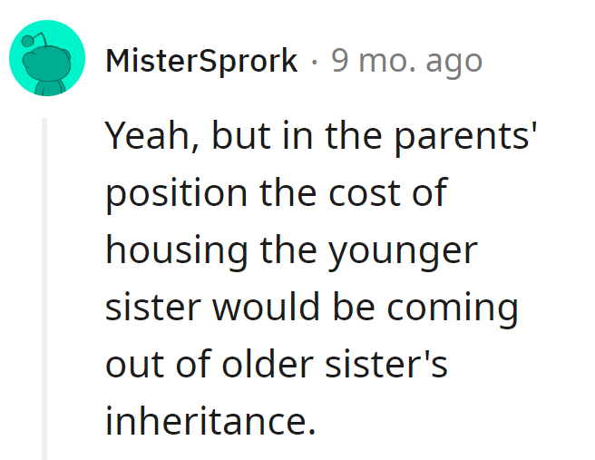 Guess the younger sister just became the unexpected deduction in the family budget. Inheritance planning at its finest!