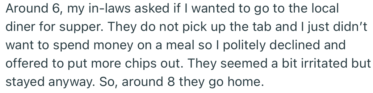 OP Could Tell That Her In-Laws Were Tired of the Snacks and Needed Real Food. However, She Didn’t Plan for Their Extended Stay, Nor Was She Willing to Spend Money Eating Out
