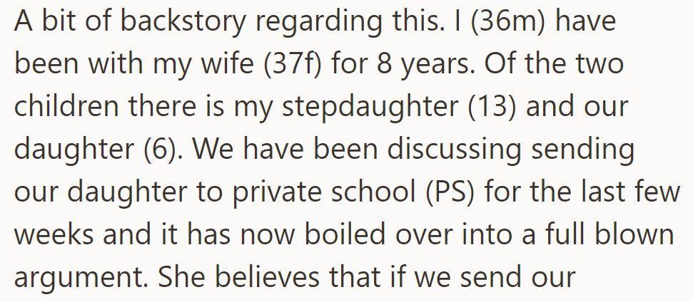 A couple with two children, ages 13 and 6, are arguing over whether to send their younger daughter to private school.