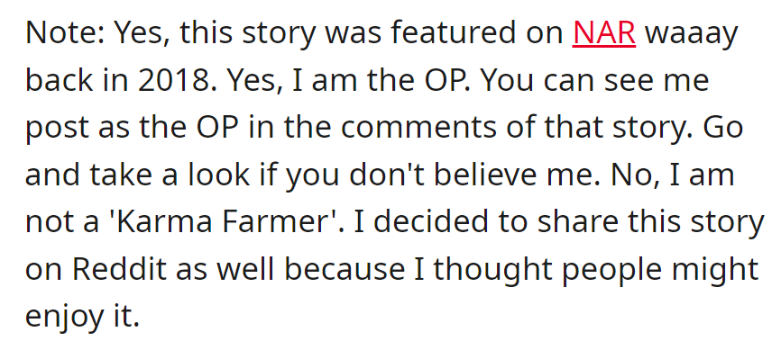 OP confirms their identity and shares a previously featured story on NAR from 2018, expressing the intent to bring enjoyment to Reddit users.