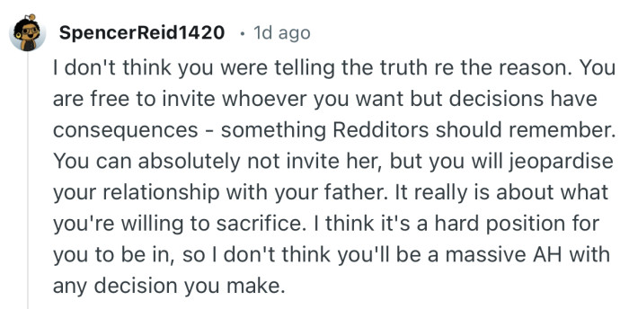 “You can absolutely not invite her, but you will jeopardise your relationship with your father.”