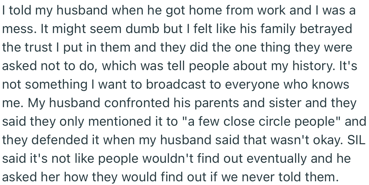 OP’s husband confronted his parents and sister, who admitted to telling a few close friends about OP’s life history
