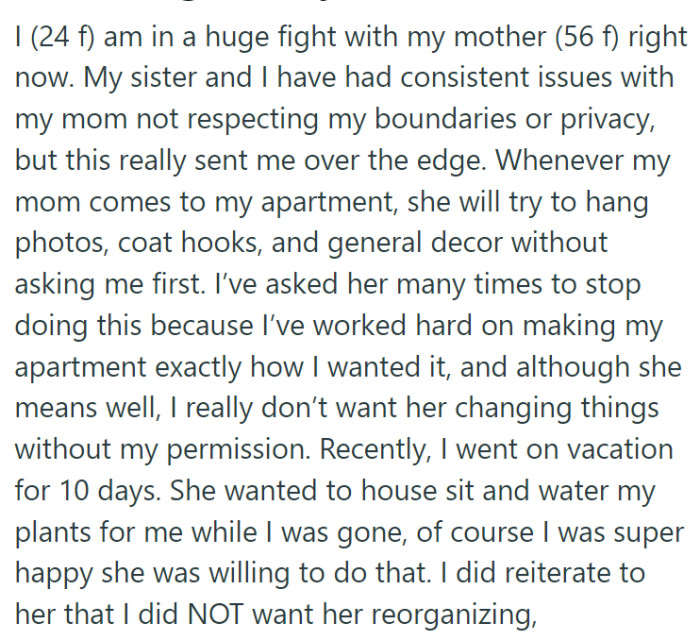 OP and her sister have had ongoing problems with their mother (56) not respecting privacy or personal space.