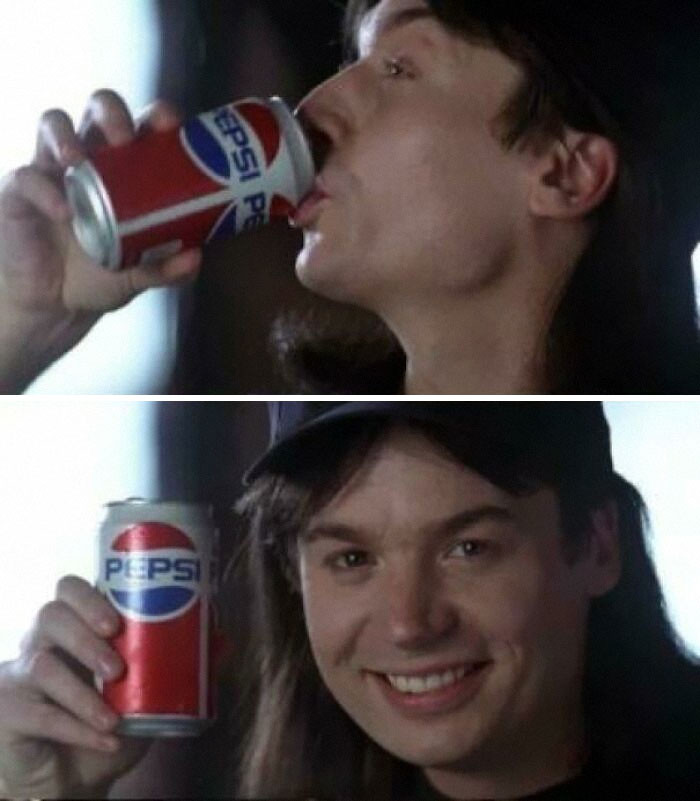 ”The Mock Pepsi Product Placement In The 1992 Comedy Movie, “Wayne’s World” With Mike Myers”