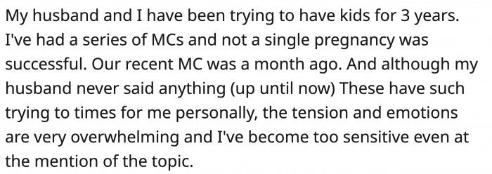 OP and her husband had been having a hard time conceiving despite trying for a long time